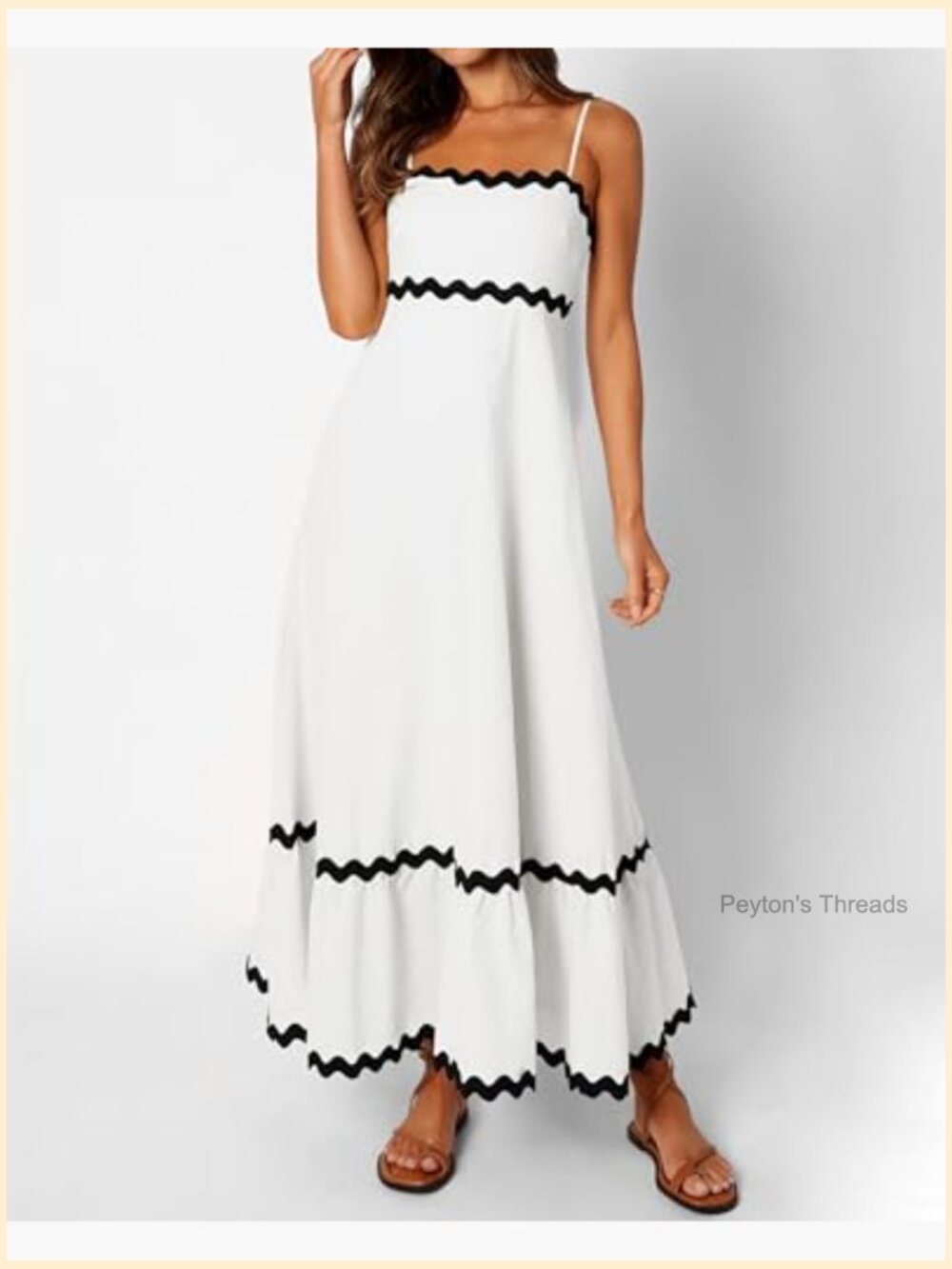 Spaghetti Strap Smocked Rickrack Trim Boho Flowy Midi Dress - Picture 6 of 7